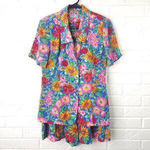 Vintage Liz Claiborne Bright Floral Print Top and Shorts Set Wide Leg Pockets 4P